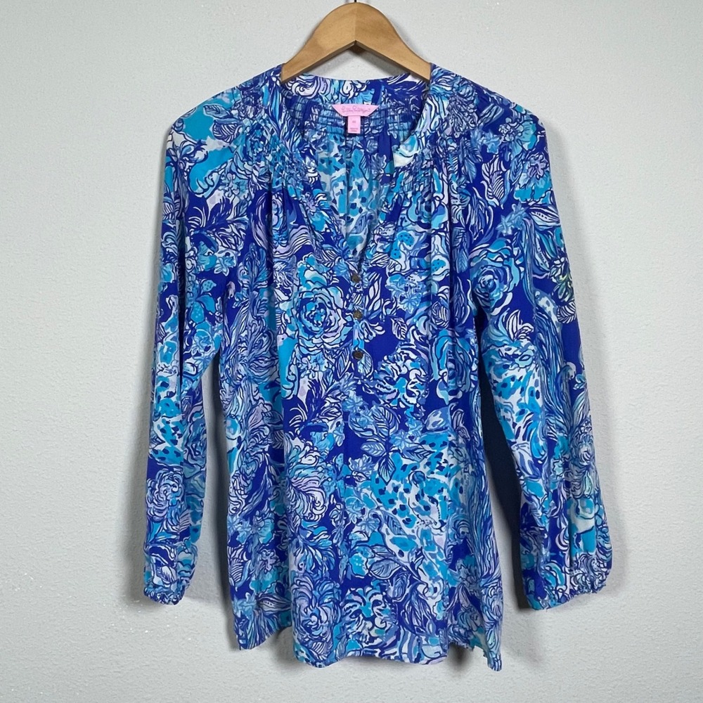 Lilly Pulitzer Elsa Top Women M Blue Floral Leopard Silk Peasant Blouse V-Neck